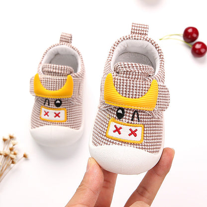 Houndstooth Plaid Pre-Walker Baby Sneakers with 3D Monster Face | Soft Sole in Black, Beige & Pink