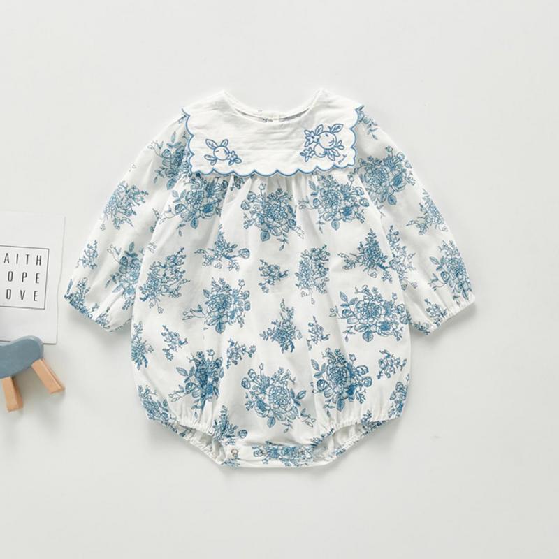 Blue & White Toile Floral Romper with Scallop Collar – Baby Girl