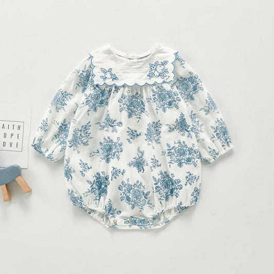 Blue & White Toile Floral Romper with Scallop Collar – Baby Girl