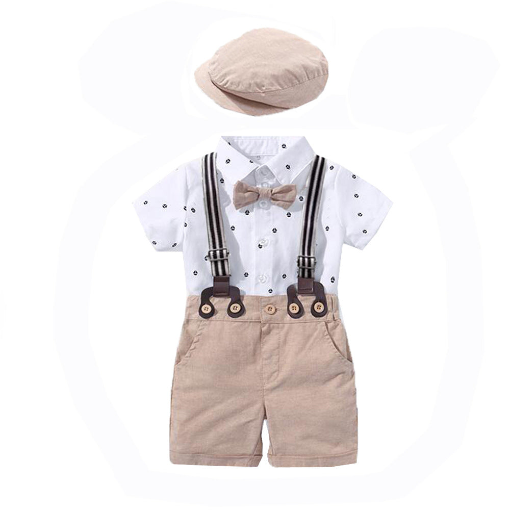 Baby Boy Sailboat Print Shirt Bodysuit & Suspender Shorts Gentleman Set with Newsboy Hat – Sizes Newborn–24 Months
