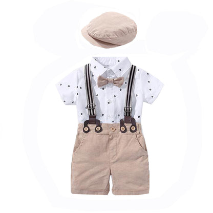 Baby Boy Sailboat Print Shirt Bodysuit & Suspender Shorts Gentleman Set with Newsboy Hat – Sizes Newborn–24 Months