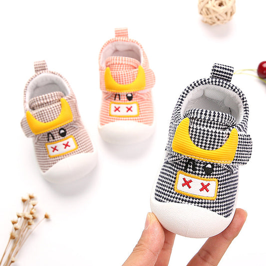 Houndstooth Plaid Pre-Walker Baby Sneakers with 3D Monster Face | Soft Sole in Black, Beige & Pink