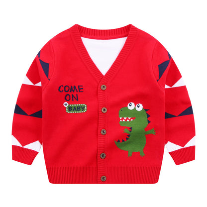 Boys Dinosaur Knit Cardigan Sweater (1–6 Years) – Button-Front V-Neck Cotton Blend