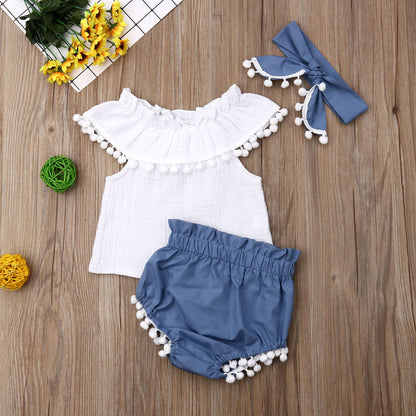 Baby Girl Pom-Pom Summer Outfit Set (Top, Bloomers & Headband)