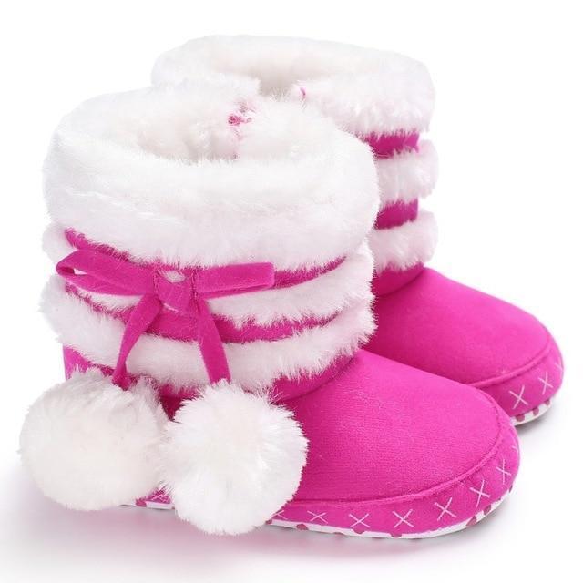Pom Pom Faux Fur Baby Winter Booties with Anti-Slip Sole