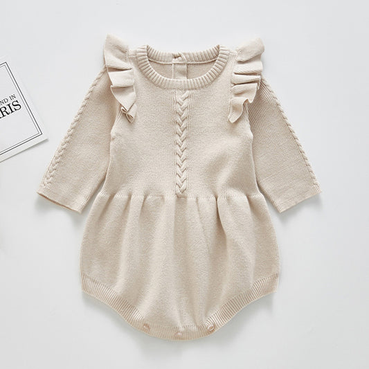 Ruffle Knit Baby Girl Romper – Soft Cotton One-Piece with Flutter Sleeves