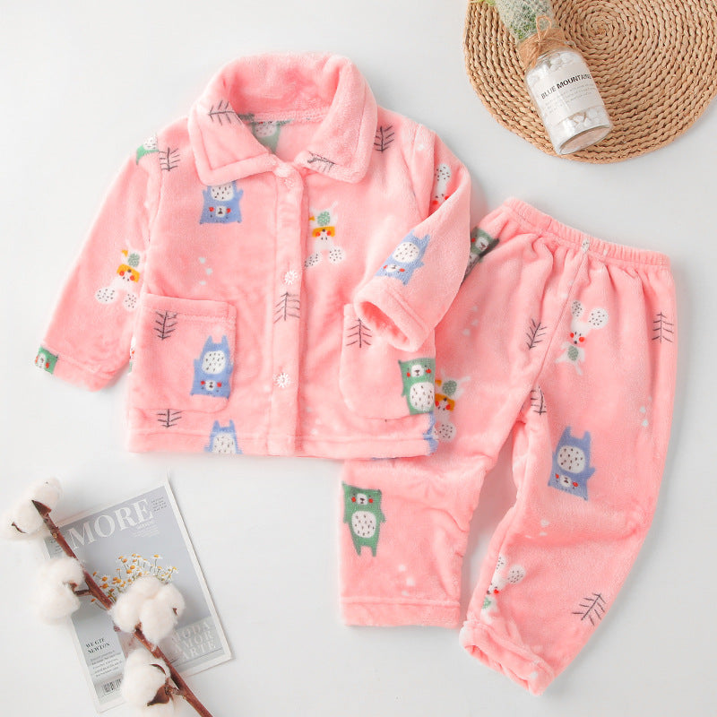 Kids' Plush Flannel Pajama Set – Warm Button-Front Top & Pants with Cartoon Prints for Toddlers & Big Kids (1–10 Years)