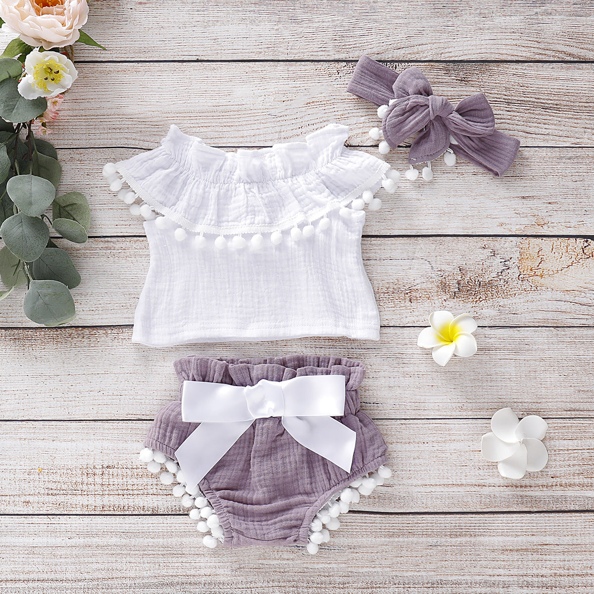 Baby Girl Pom-Pom Summer Outfit Set (Top, Bloomers & Headband)