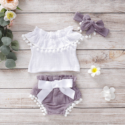 Baby Girl Pom-Pom Summer Outfit Set (Top, Bloomers & Headband)