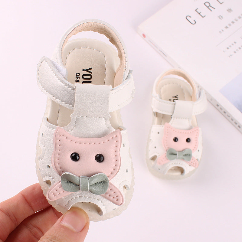 Kitty Face Bow Soft-Sole Baby Girl Sandals | Closed-Toe Cutout Style in Pink & White