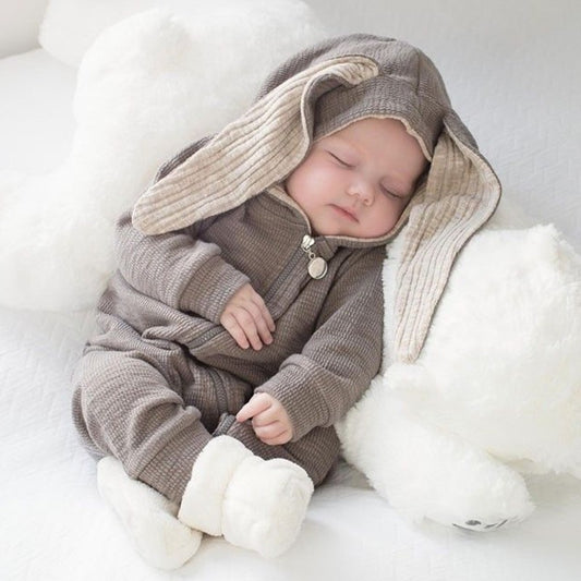 Bunny Baby Jumpsuit with Hood & 3D Ears – Cozy Cotton Zip Romper for Babies & Toddlers