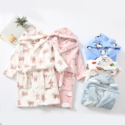 Kids' Hooded Fleece Bathrobe – Plush Flannel Robe with Pockets & Tie Belt, Cartoon Prints for Boys & Girls (2T–12 Years)