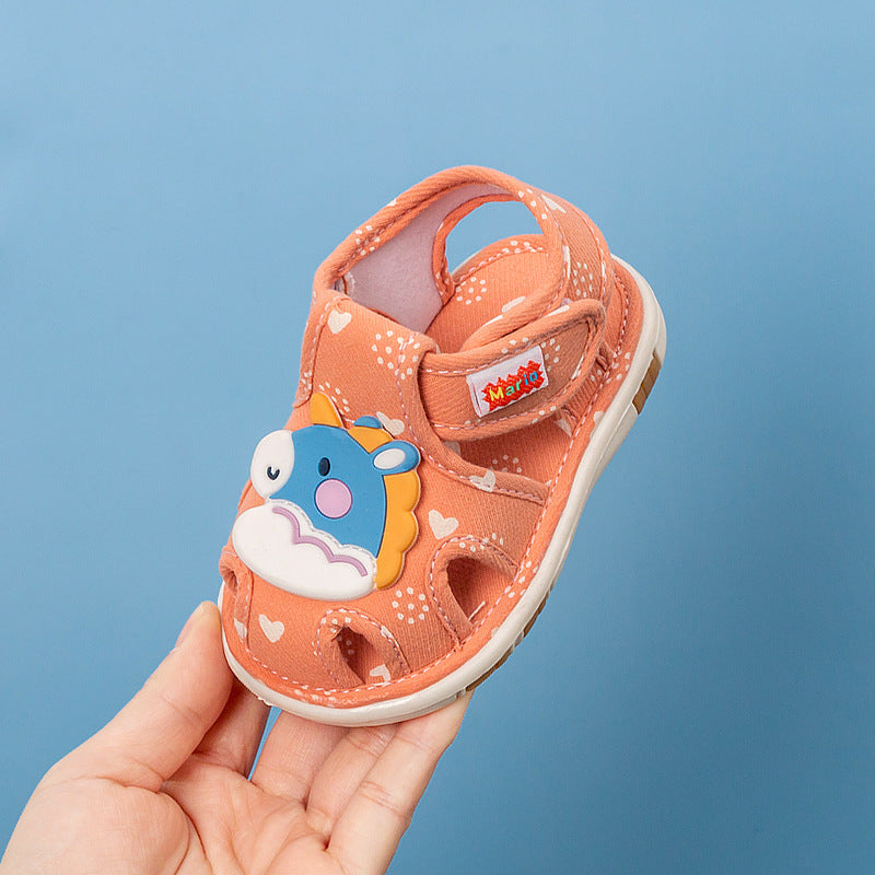 Heart-Print Canvas Baby Sandals with 3D Animal Appliqué | Closed-Toe Cutout Style in 4 Characters