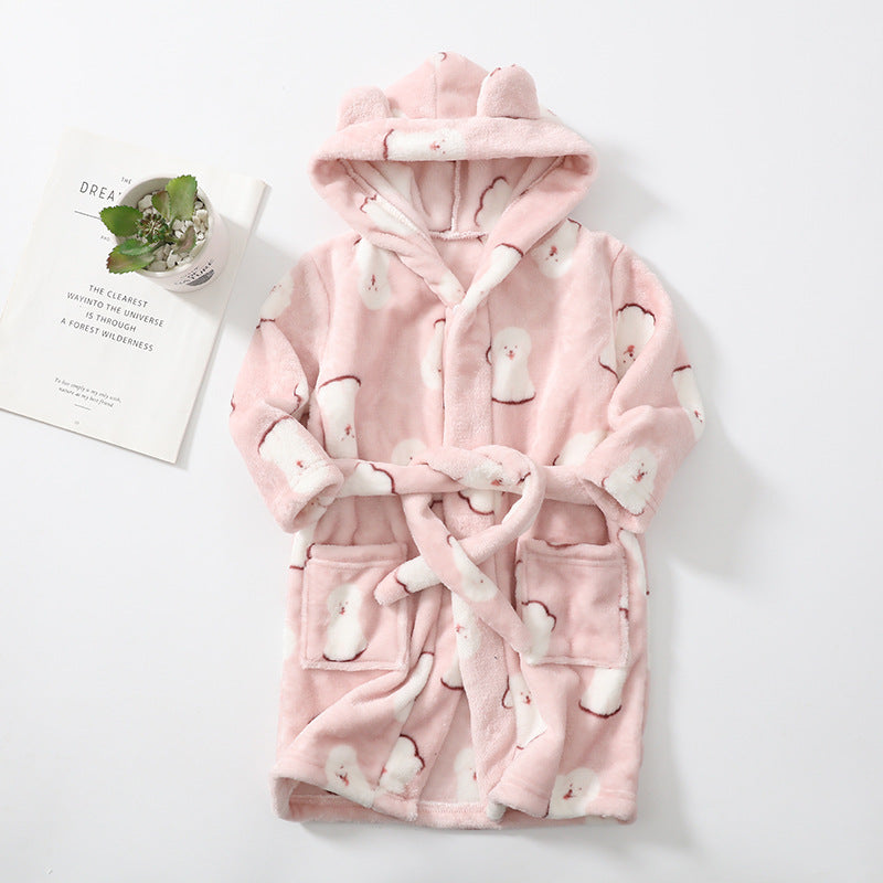 Kids' Hooded Fleece Bathrobe – Plush Flannel Robe with Pockets & Tie Belt, Cartoon Prints for Boys & Girls (2T–12 Years)