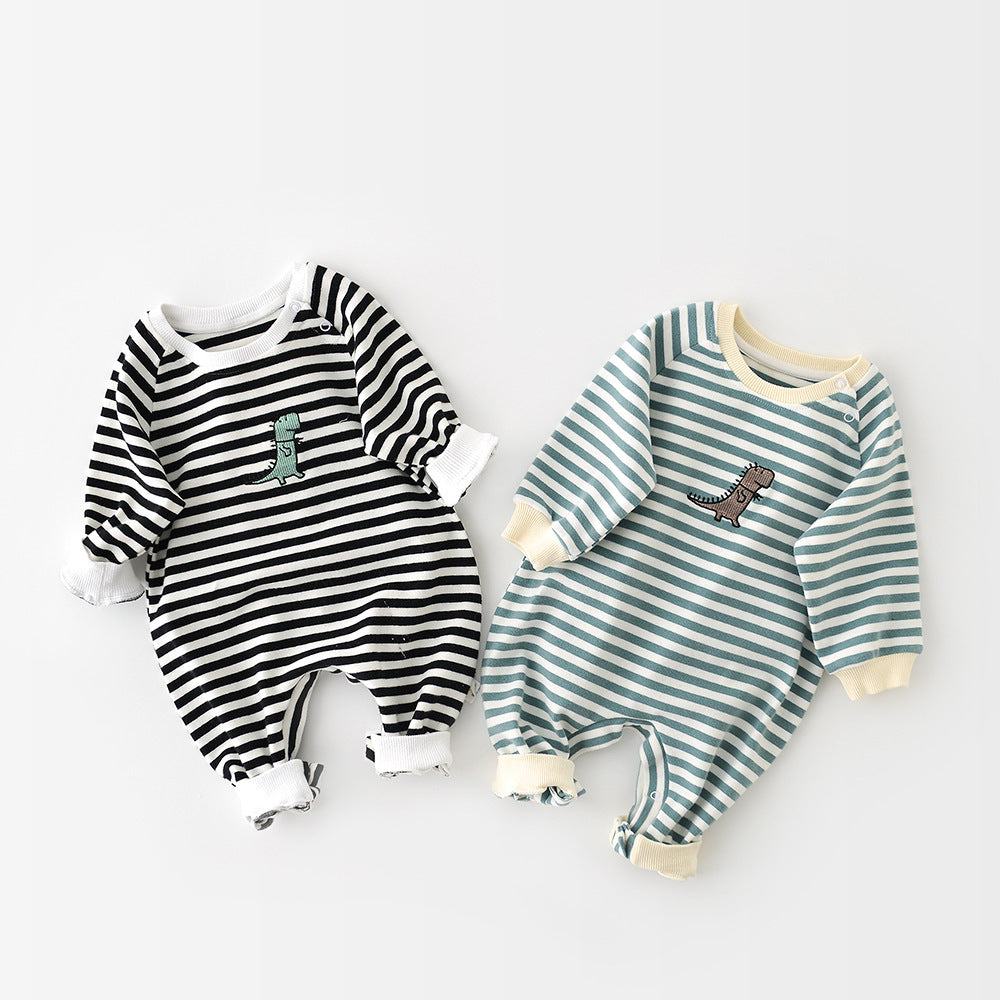 Striped Dinosaur Embroidery Baby Romper – Long-Sleeve Cotton Jumpsuit for Boys & Girls