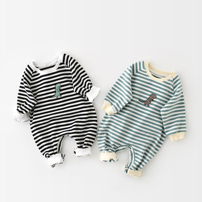 Striped Dinosaur Embroidery Baby Romper – Long-Sleeve Cotton Jumpsuit for Boys & Girls