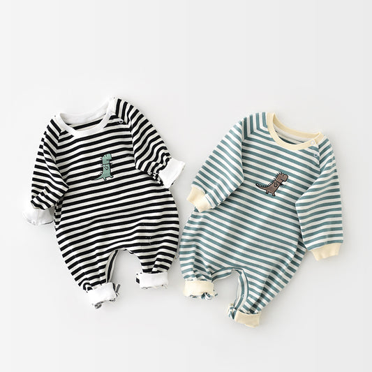 Striped Dinosaur Embroidery Baby Romper – Long-Sleeve Cotton Jumpsuit for Boys & Girls