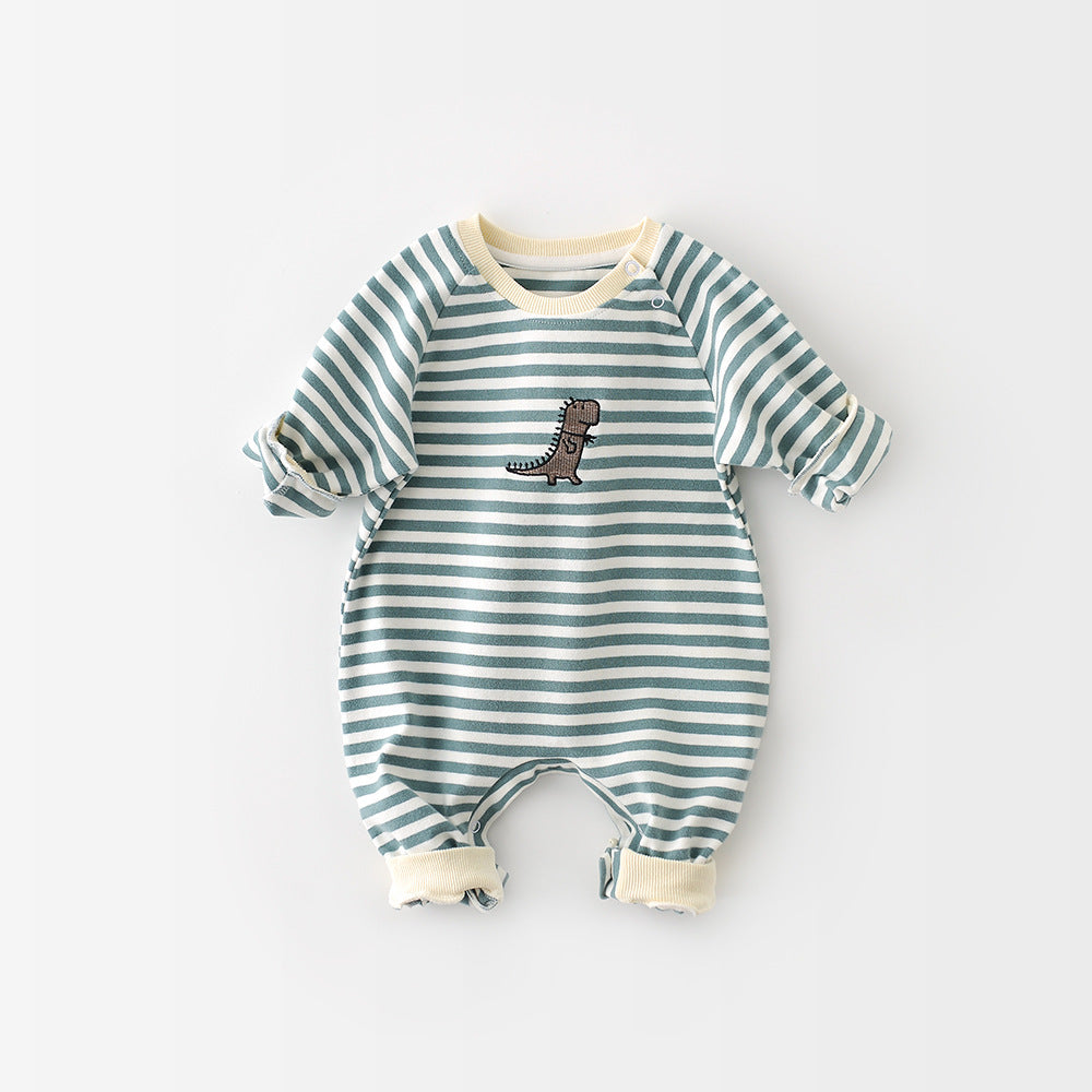 Striped Dinosaur Embroidery Baby Romper – Long-Sleeve Cotton Jumpsuit for Boys & Girls