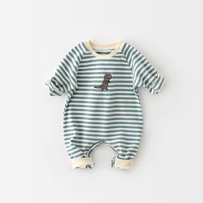 Striped Dinosaur Embroidery Baby Romper – Long-Sleeve Cotton Jumpsuit for Boys & Girls