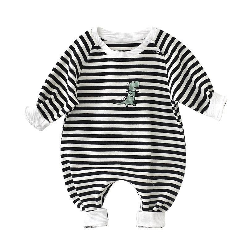 Striped Dinosaur Embroidery Baby Romper – Long-Sleeve Cotton Jumpsuit for Boys & Girls