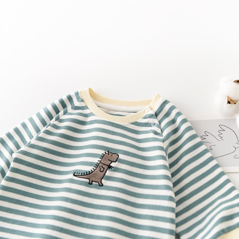 Striped Dinosaur Embroidery Baby Romper – Long-Sleeve Cotton Jumpsuit for Boys & Girls