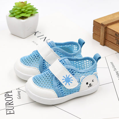 Cartoon Bear Honeycomb-Mesh Baby Sneakers | Breathable Velcro Shoes in Pink, Blue, Navy & Beige