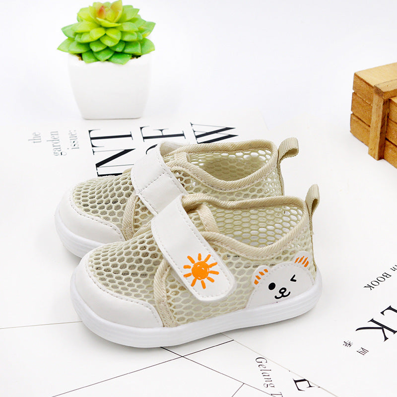 Cartoon Bear Honeycomb-Mesh Baby Sneakers | Breathable Velcro Shoes in Pink, Blue, Navy & Beige
