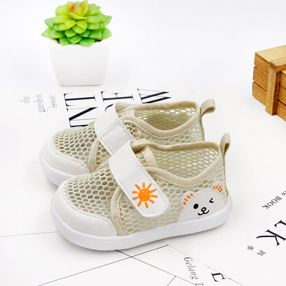 Cartoon Bear Honeycomb-Mesh Baby Sneakers | Breathable Velcro Shoes in Pink, Blue, Navy & Beige