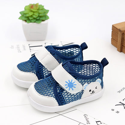 Cartoon Bear Honeycomb-Mesh Baby Sneakers | Breathable Velcro Shoes in Pink, Blue, Navy & Beige