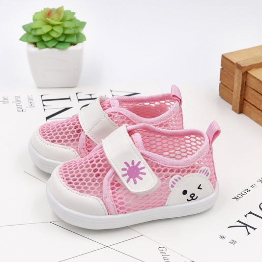 Cartoon Bear Honeycomb-Mesh Baby Sneakers | Breathable Velcro Shoes in Pink, Blue, Navy & Beige