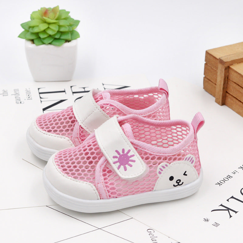 Cartoon Bear Honeycomb-Mesh Baby Sneakers | Breathable Velcro Shoes in Pink, Blue, Navy & Beige