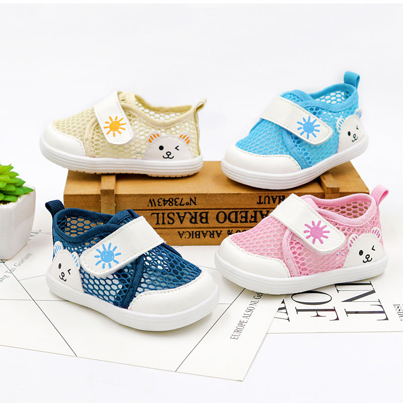 Cartoon Bear Honeycomb-Mesh Baby Sneakers | Breathable Velcro Shoes in Pink, Blue, Navy & Beige