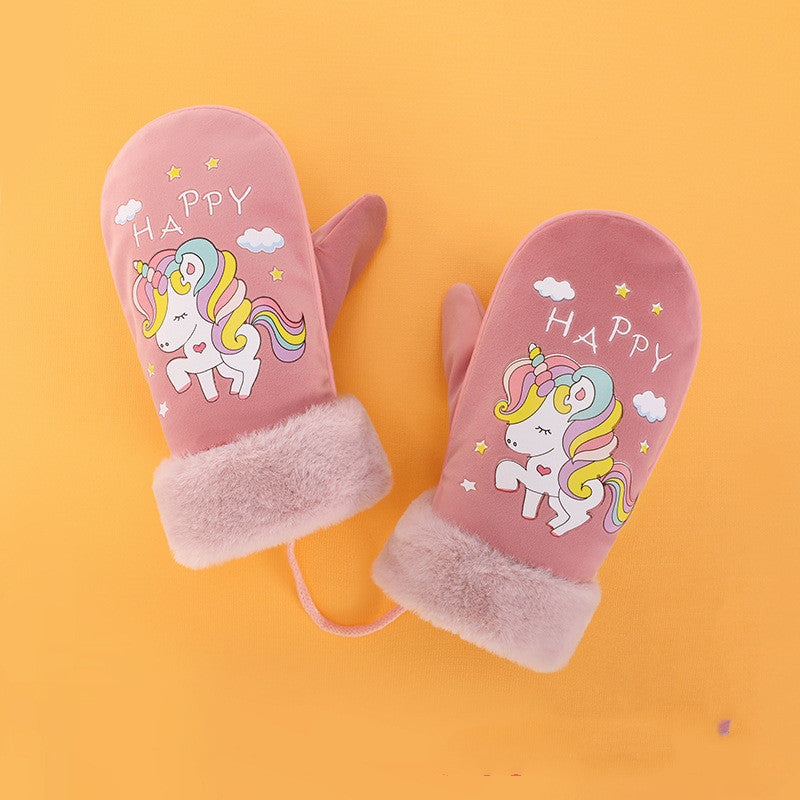 Toddler Warm Mittens with Lanyard – Soft Velvet Cartoon Winter Mittens