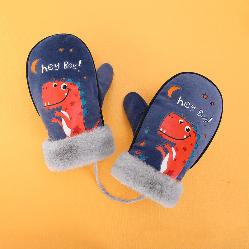 Toddler Warm Mittens with Lanyard – Soft Velvet Cartoon Winter Mittens