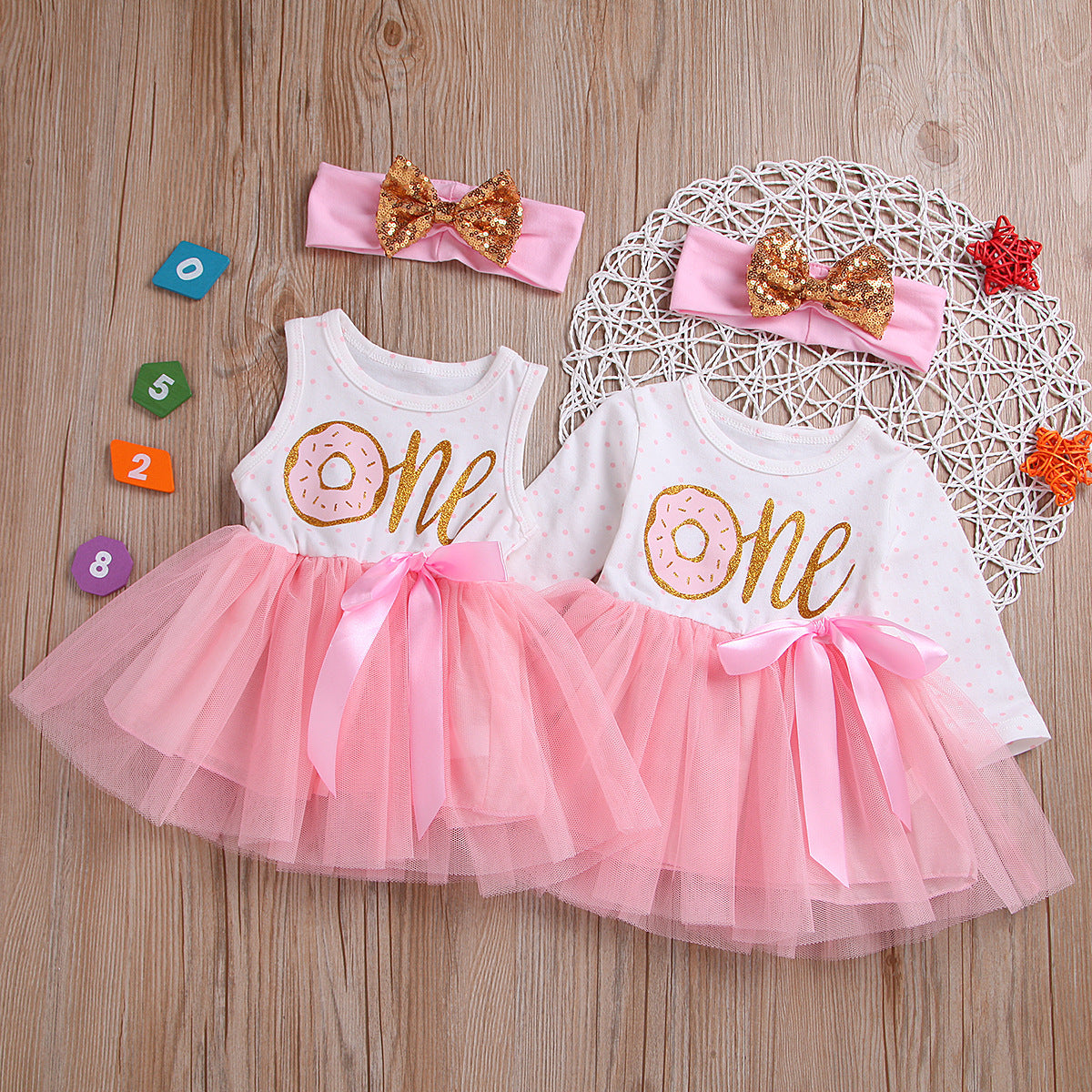 Baby Girl's "One" Donut Tutu Dress Set with Gold Sequin Headband | First Birthday Party Outfit