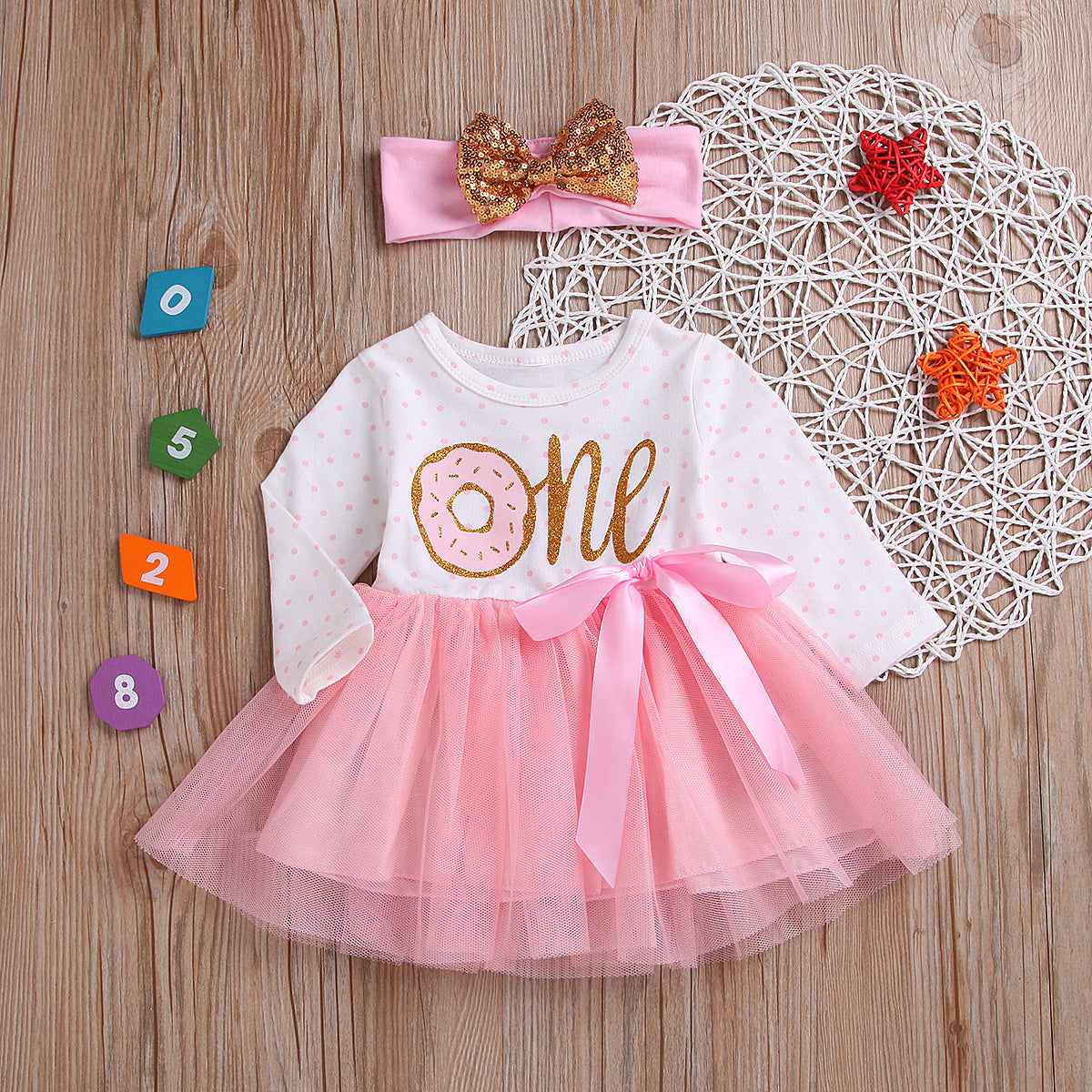 Baby Girl's "One" Donut Tutu Dress Set with Gold Sequin Headband | First Birthday Party Outfit