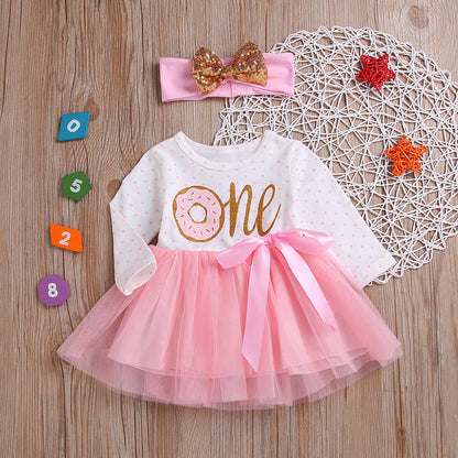 Baby Girl's "One" Donut Tutu Dress Set with Gold Sequin Headband | First Birthday Party Outfit