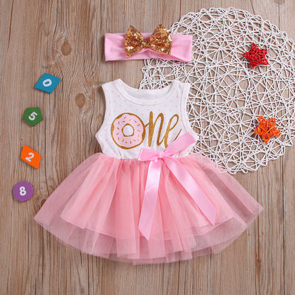 Baby Girl's "One" Donut Tutu Dress Set with Gold Sequin Headband | First Birthday Party Outfit