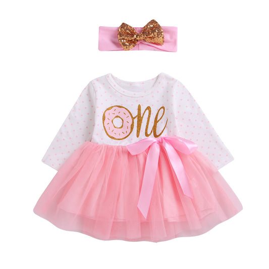Baby Girl's "One" Donut Tutu Dress Set with Gold Sequin Headband | First Birthday Party Outfit