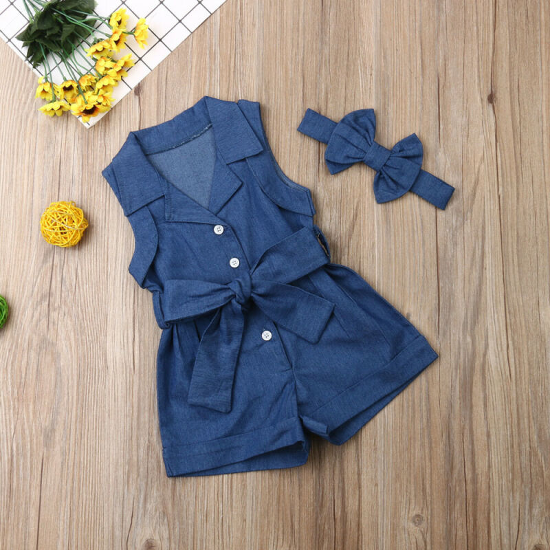 Baby Girl Sleeveless Denim Romper with Bow Headband – Soft Cotton One-Piece Summer Outfit (1–3 Years)