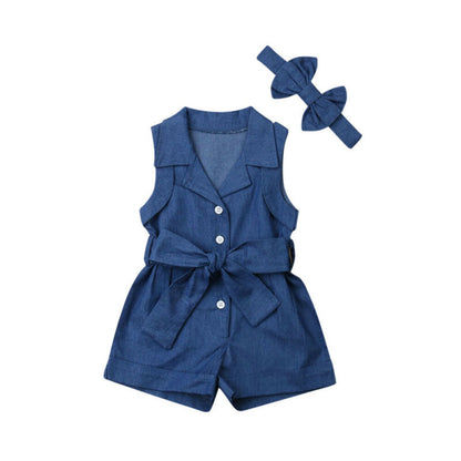 Baby Girl Sleeveless Denim Romper with Bow Headband – Soft Cotton One-Piece Summer Outfit (1–3 Years)