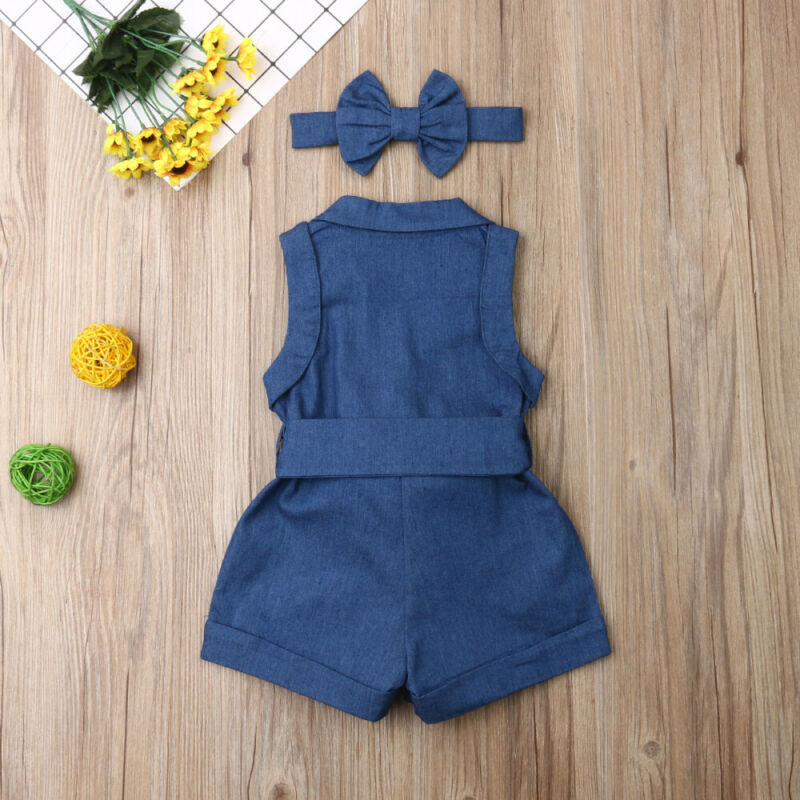 Baby Girl Sleeveless Denim Romper with Bow Headband – Soft Cotton One-Piece Summer Outfit (1–3 Years)