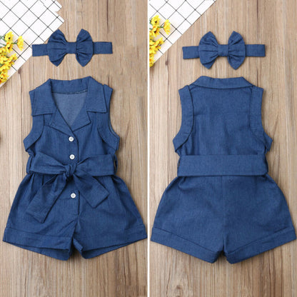 Baby Girl Sleeveless Denim Romper with Bow Headband – Soft Cotton One-Piece Summer Outfit (1–3 Years)