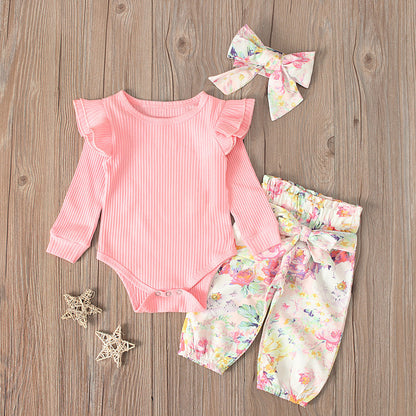 Baby Girl Ribbed Ruffle-Sleeve Romper & Floral Pants Set with Headband