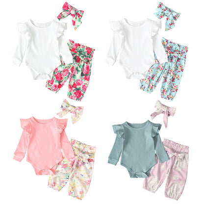 Baby Girl Ribbed Ruffle-Sleeve Romper & Floral Pants Set with Headband