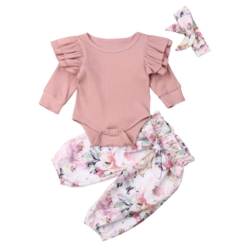 Baby Girl Ribbed Ruffle-Sleeve Romper & Floral Pants Set with Headband