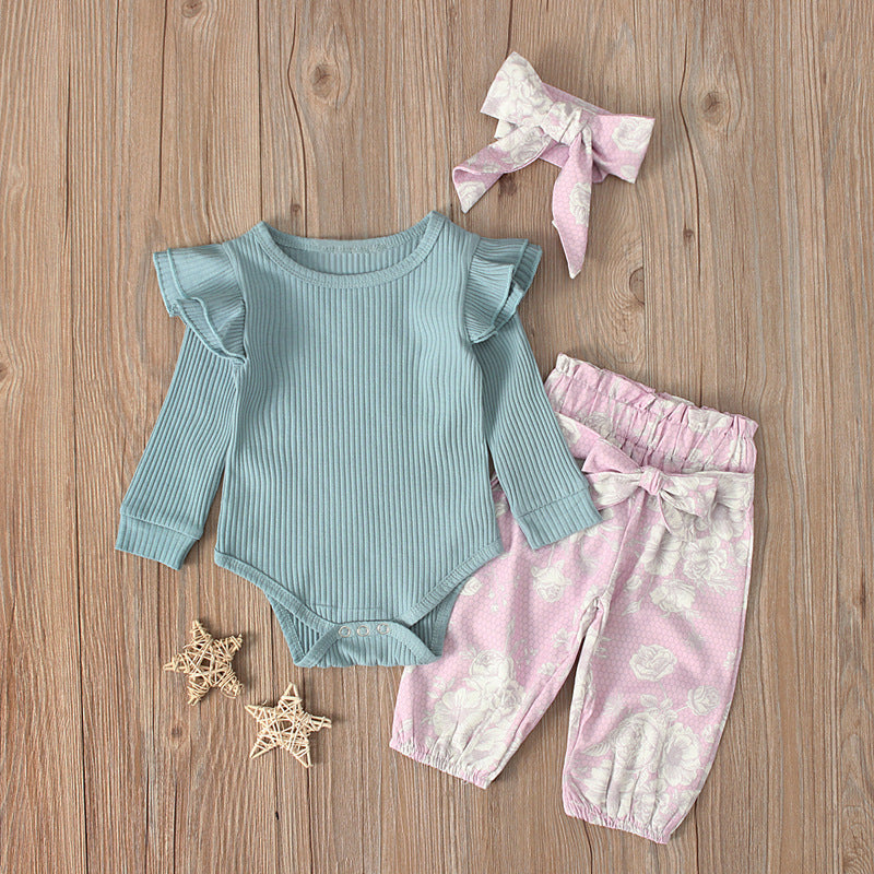 Baby Girl Ribbed Ruffle-Sleeve Romper & Floral Pants Set with Headband