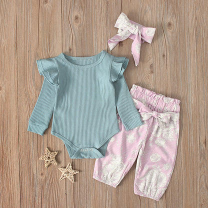 Baby Girl Ribbed Ruffle-Sleeve Romper & Floral Pants Set with Headband