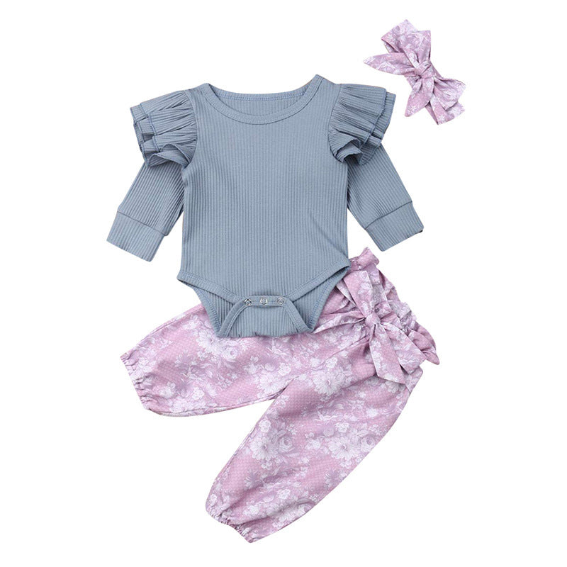 Baby Girl Ribbed Ruffle-Sleeve Romper & Floral Pants Set with Headband
