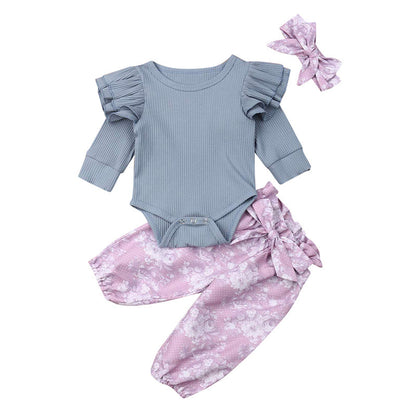Baby Girl Ribbed Ruffle-Sleeve Romper & Floral Pants Set with Headband